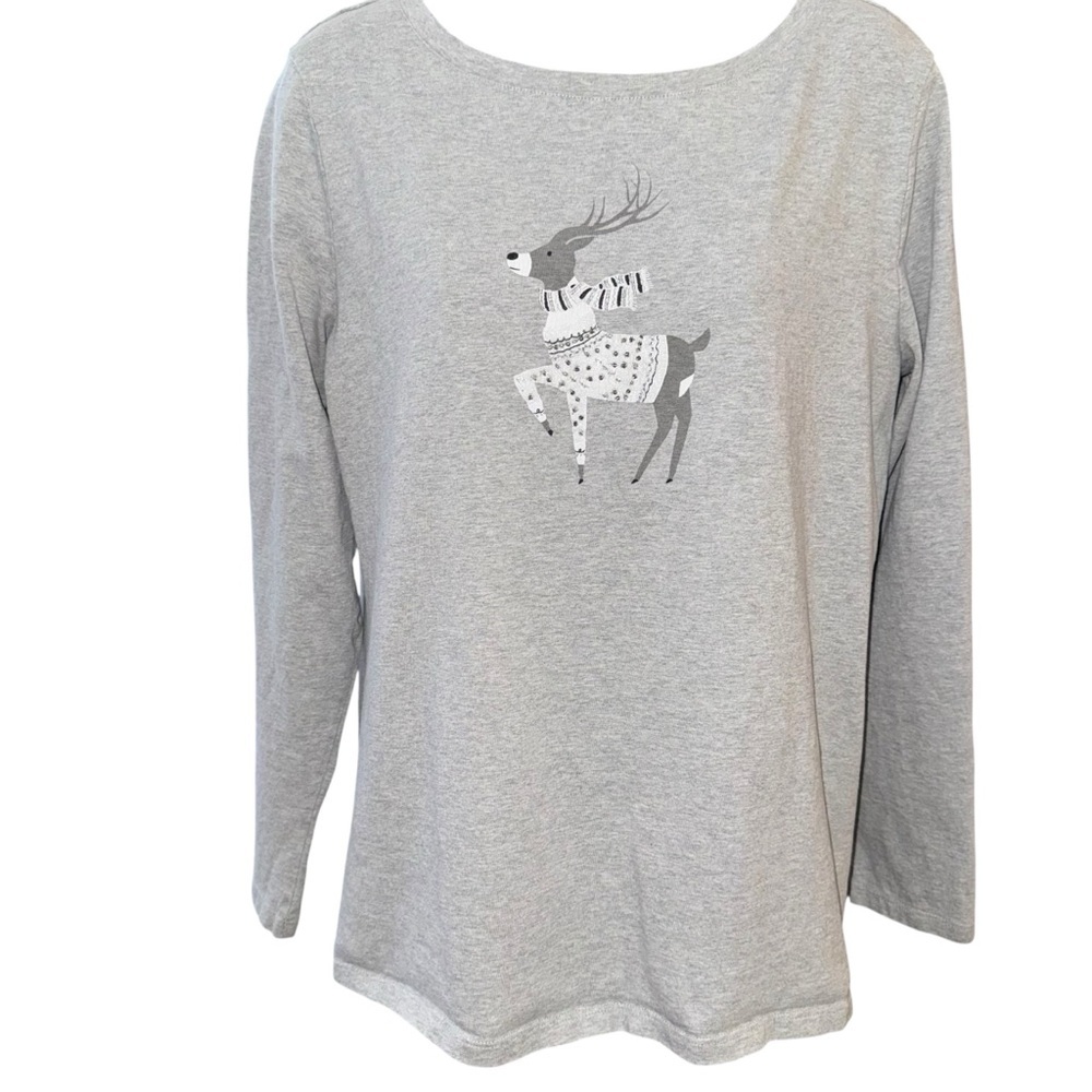 Talbots Reindeer Winter Sweater Gray Cotton Holiday Christmas Women L